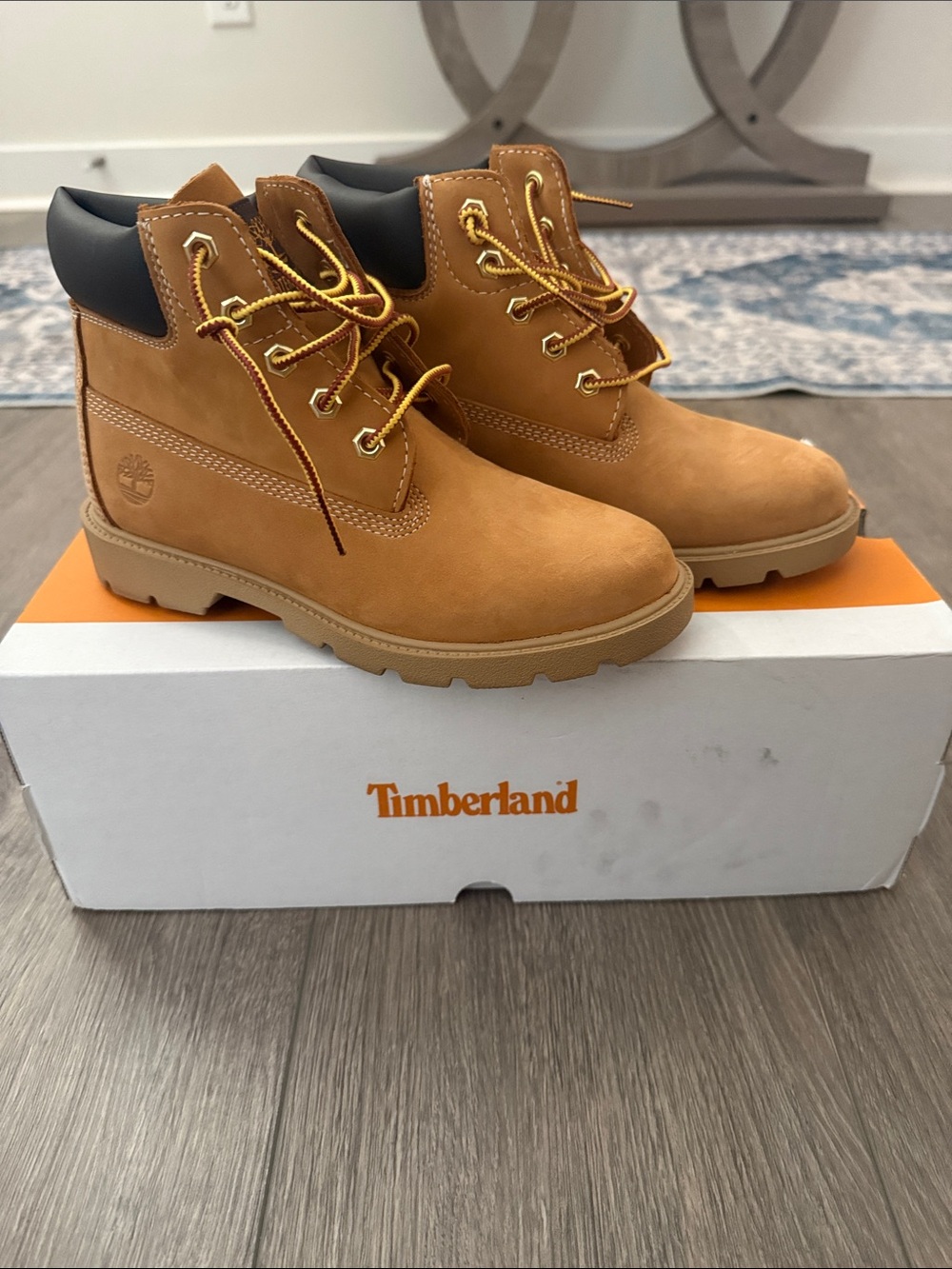 Timberland Kids Wheat Nubuck Ankle Boots with Black Collar and Yellow Laces